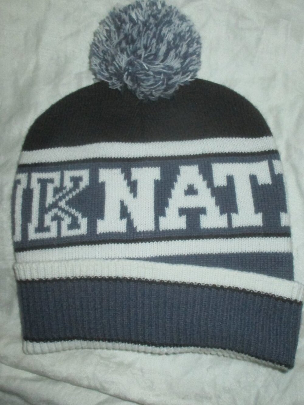 PINK Nation Victoria Secret Blue/White/Black Pom Pom Winter Hat Adult One Size